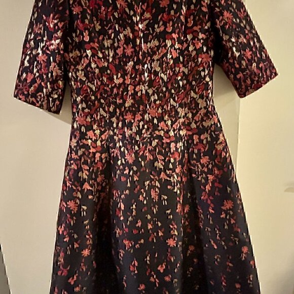 Teri Jon Blue Jacquard Floral Print Box Pleat Fit n Flair  Size4   Navy Multi - Picture 8 of 12